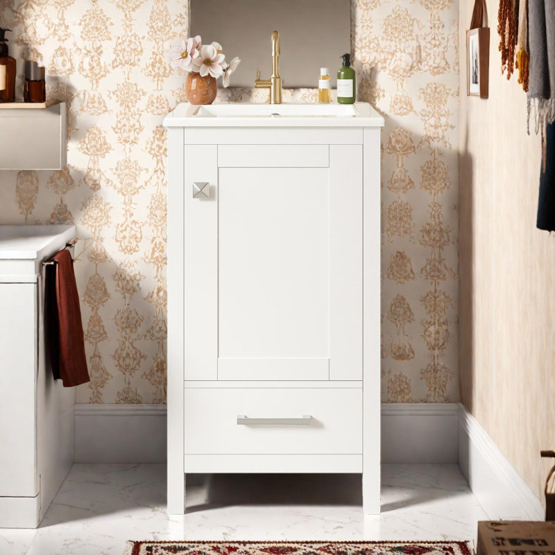 Meuble-lavabo moderne de 18 pouces avec lavabo en céramique et rangement compact, Blanc