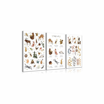 Alphabet chiffres art mural chambre de bébé Alphabet toile décorative forêt animal ABC peinture éducative pour enfants, impressions de salle de jeux citations de peinture pour garçons filles en classe 16 x 24