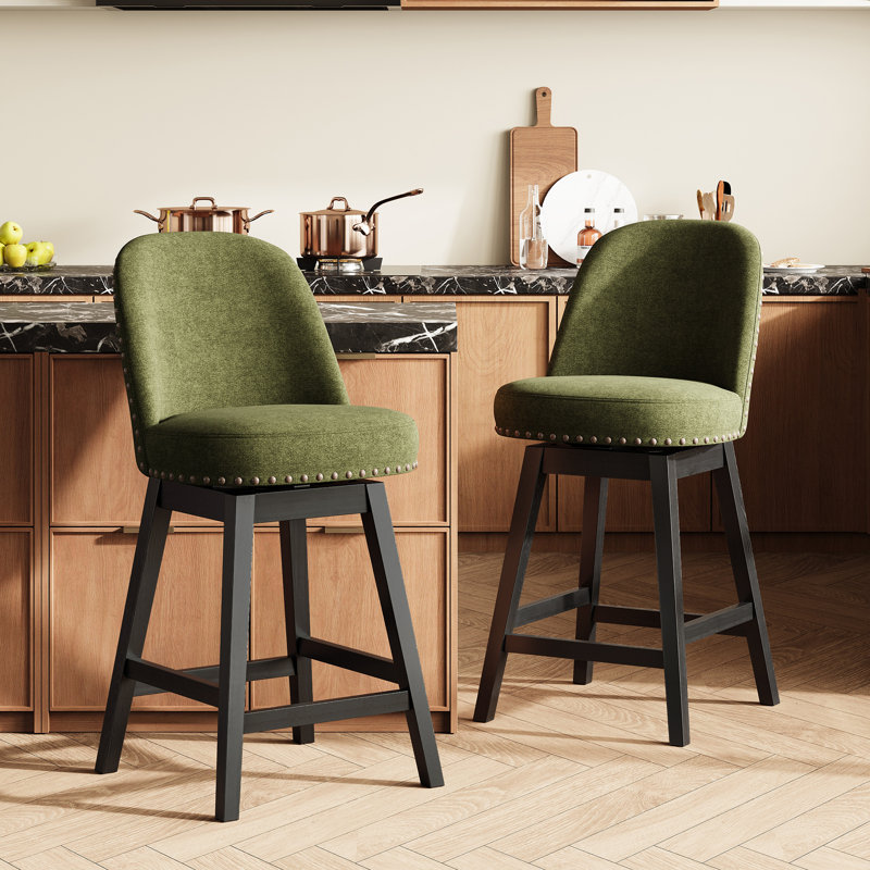 Vintage Upholstered Swivel Bar Stool with Solid Wood Legs, Green