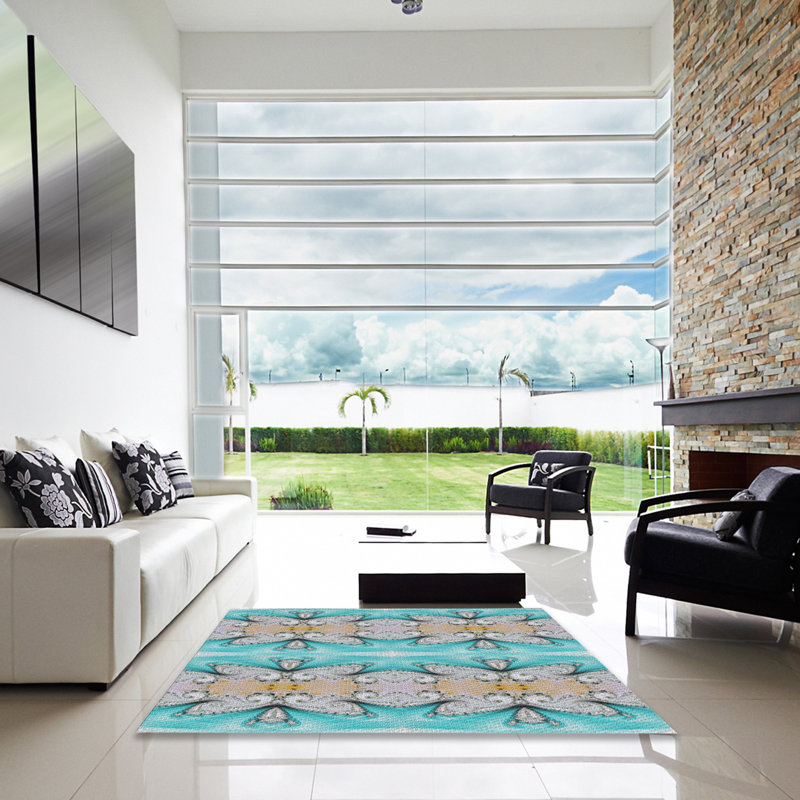 Tapis géométrique bleu / beige, Carré 5 pi