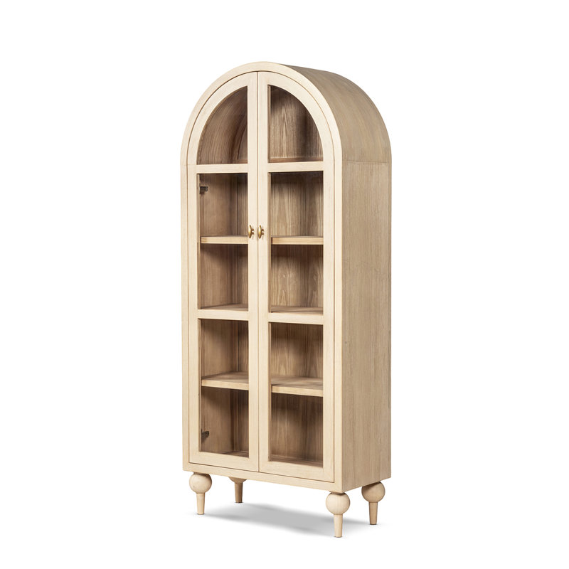 Vitrine Marlowe 83 po avec porte vitrée cintrée en pin recyclé, blanc brossé, bois de pin recyclé blanc brossé