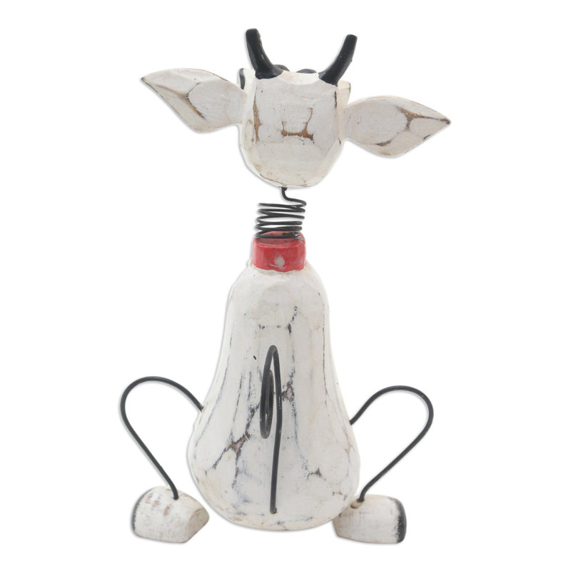 Handmade White and Black Albesia Wood Donkey Figurine with Iron Legs