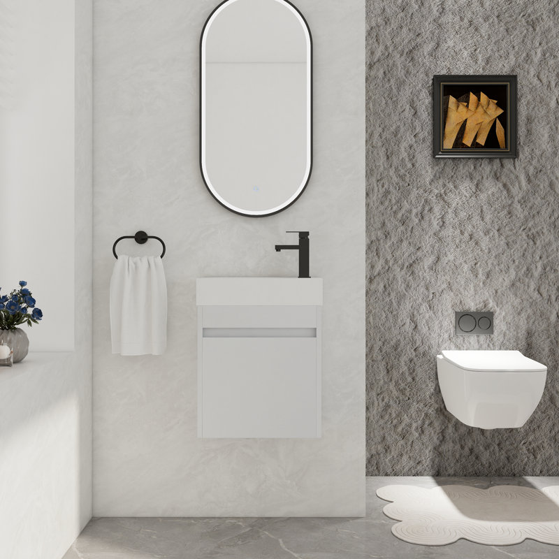 Meuble-lavabo flottant mural de 18 po, lavabo mural en résine blanche, porte à fermeture en douceur | Idée cadeau, Blanc