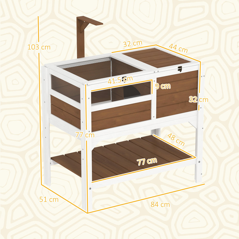 Wooden Tortoise House with Run Shelter Shelf Lamp, White/Brown