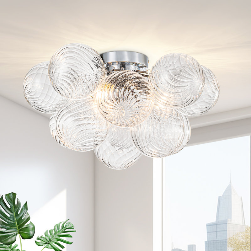 Plafonnier semi-encastré 3 lumières à intensité variable avec boule en verre tourbillon Ahona, Chrome chrome