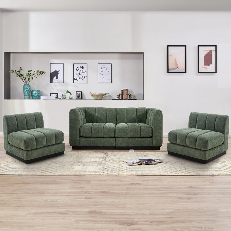 Myrhn Modular Sectional,  4-Seater Contemporary Sleeper Bed with Solid Wood Base, Green