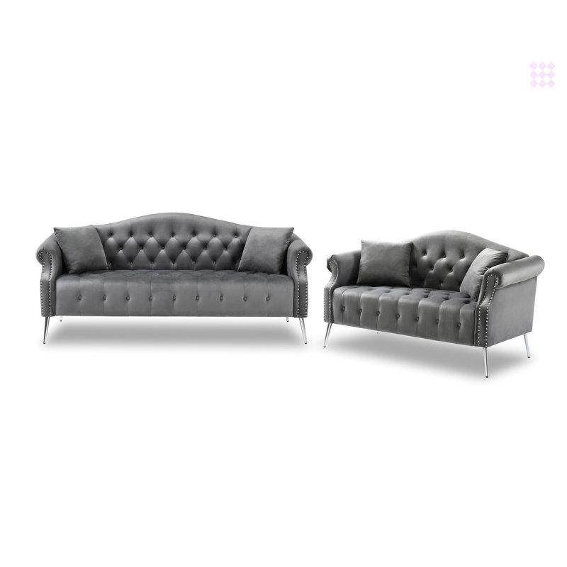 Ensemble de canapé classique en velours Chesterfield, Velours gris