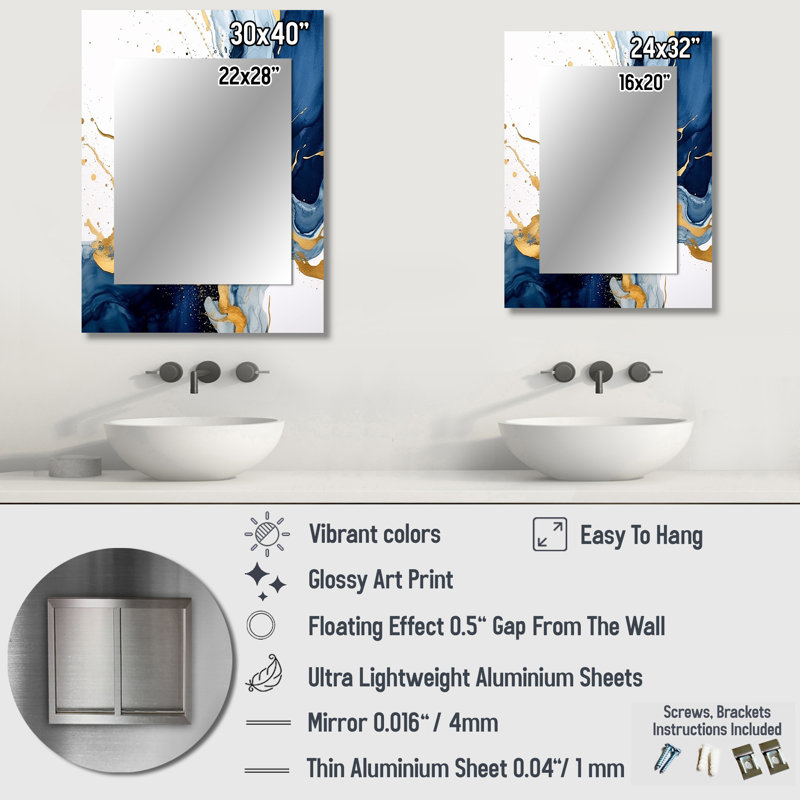 Montelimar Dark Blue and Gold Strokes II - Fractals Mirror, Modern Decorative Wall Mirror, Printed Metal Art, 32" x 24"