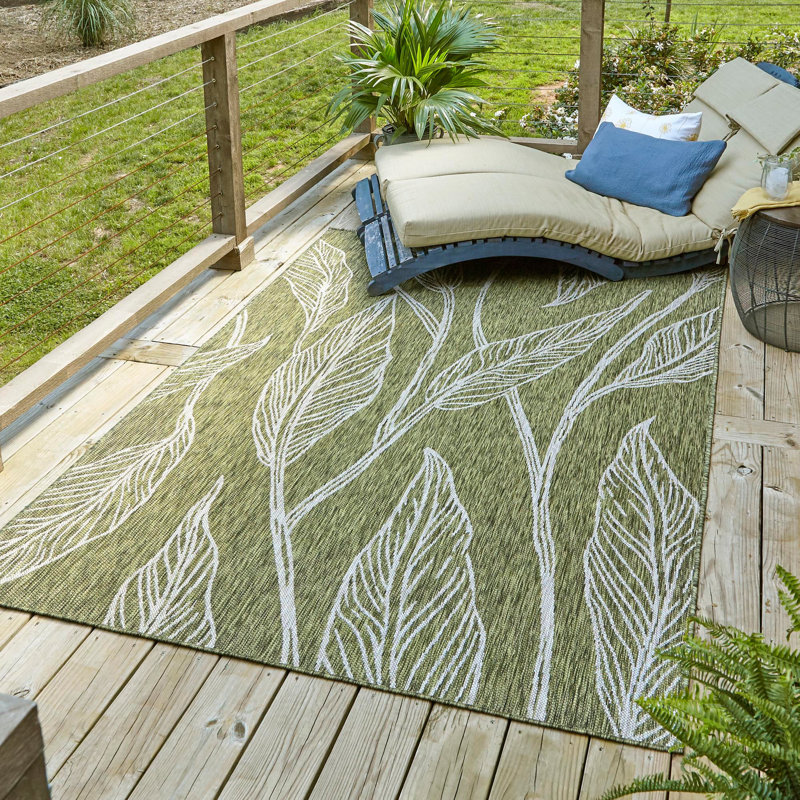Tapis intérieur / extérieur à motif floral vert / gris Zenon, Rectangle 7 pi 10 po x 10 pi