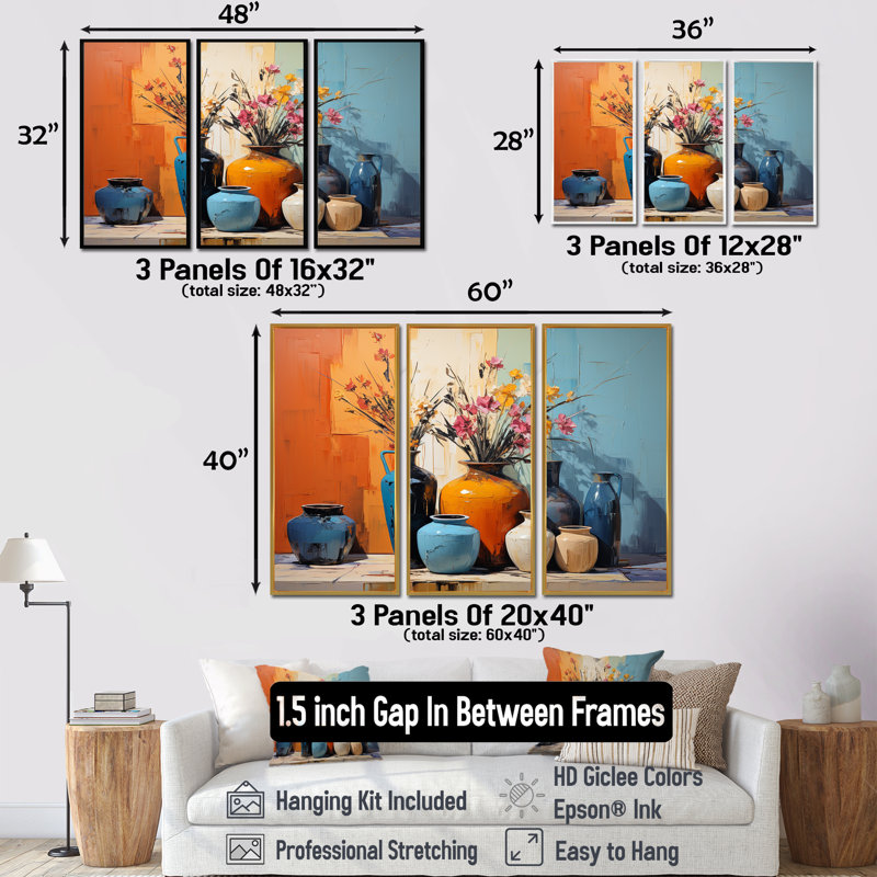 «Blue Italian Pottery Expressions - Boho Pottery», art mural, H 40 po x l 60 po x P 1 po, Cadre argenté flottant