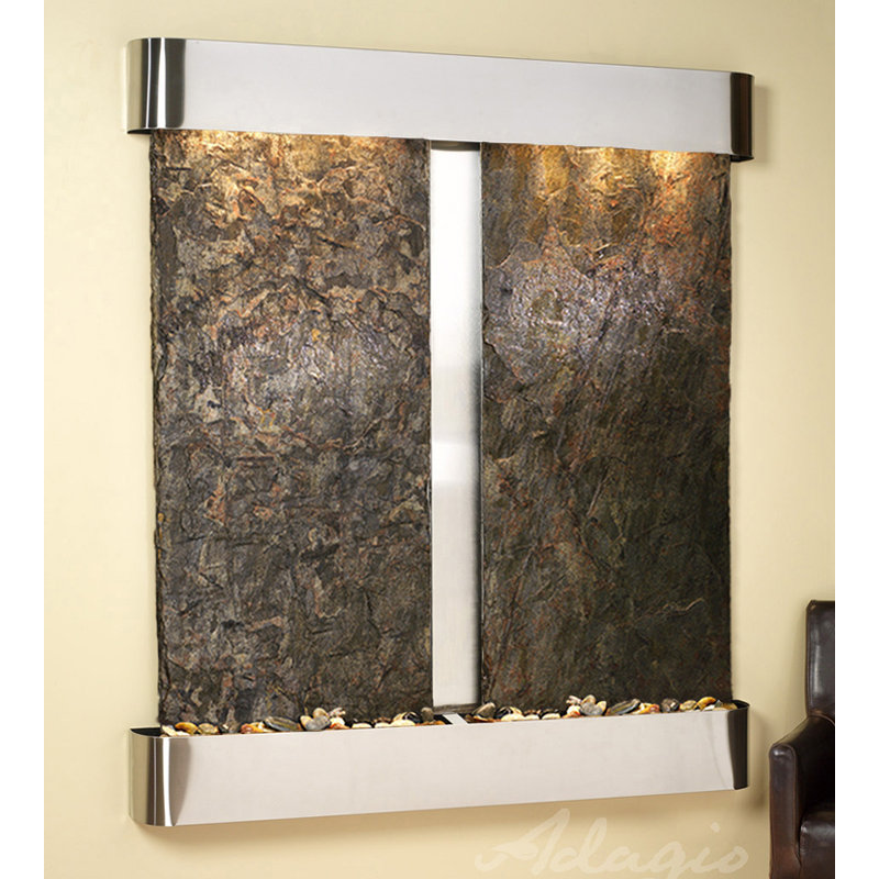 Cottonwood Falls Fountain with Light, Stainless Steel, Green Slate, Square