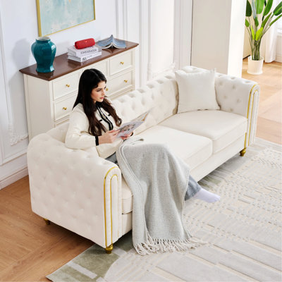 Modern Three-Seat Loveseat Sofa with Deep Button Tufting, Rolled Arms, for Living Room, Bedroom, or Office Use