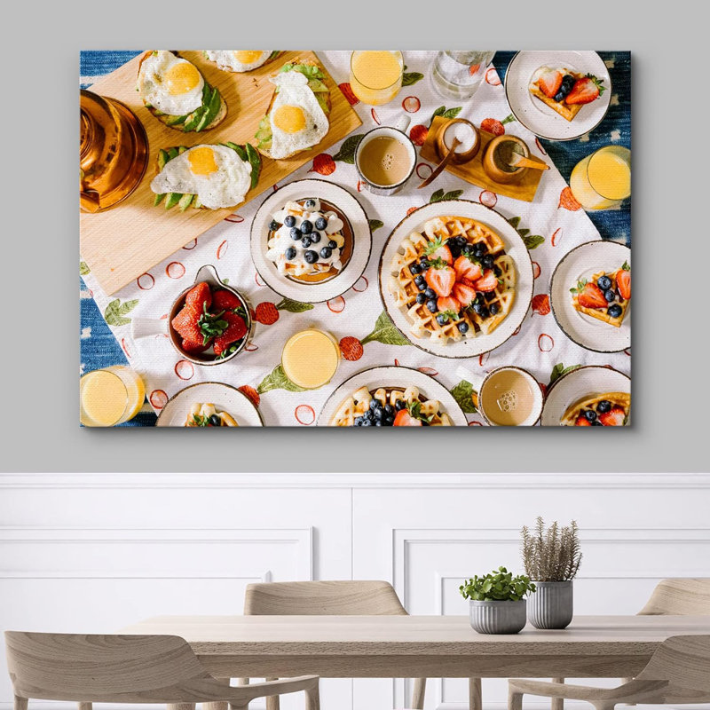 Petit déjeuner buffet gaufres avocat toast nourriture et cuisine photographie murale décoration rustique, H 12 po x l 18 po