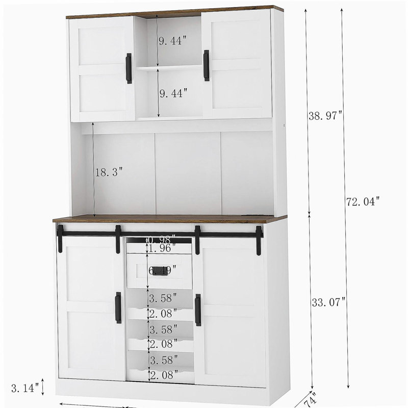 Farmhouse Bar Cabinet with Sliding Barn Door, Large Kitchen BuffetRustic Coffee Bar Sideboard Table,White