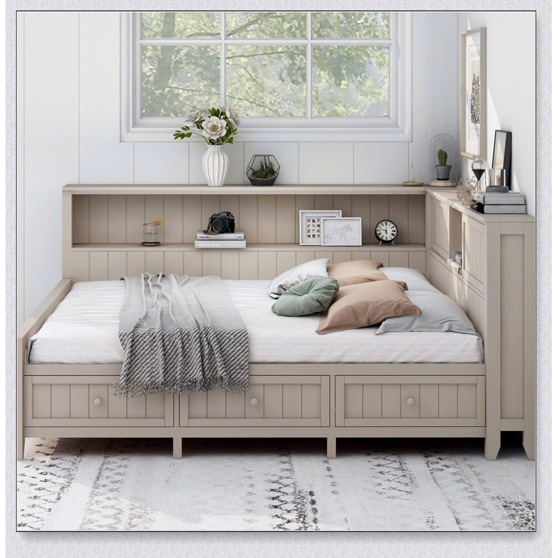 Full Size Wood Daybed With Storage Shelves And 3 Drawers, Antique White Milk