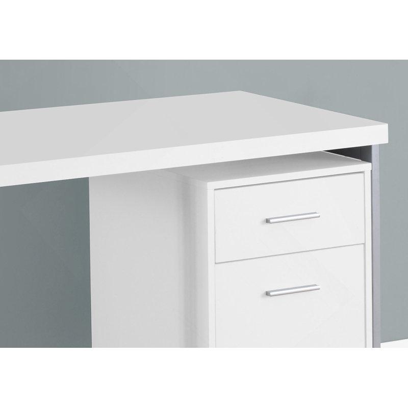 Bureau d'ordinateur moderne réversible de 48 pouces avec tiroirs de rangement, stratifié blanc et structure en métal gris pour le bureau à domicile