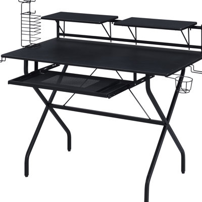 Bureau noir avec tablette pour clavier, structure métallique robuste et design fonctionnel. Grand espace de travail pour une efficacité optimale.