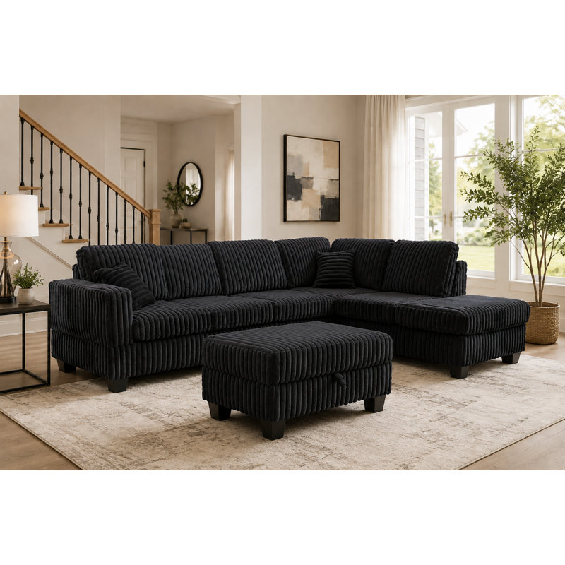 Vega 108" Faux Fur Reversible Sectional With Storage Ottoman, Black Corduroy