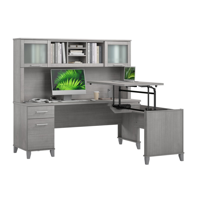 Paelynn 72” L-Shaped Sit to Stand Desk with Hutch, Adjustable Height, Storage, Modern Wood, Platinum Grey, Platinum Grey