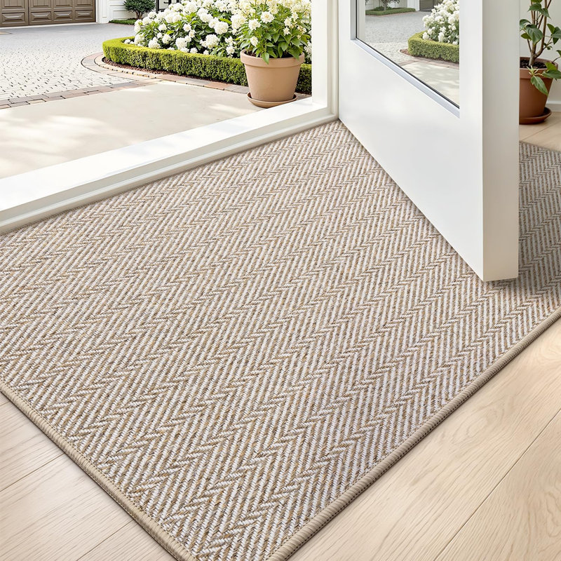 Tapis d'entrée mince pour entrée 24 po x 36 po, tapis d'entrée antidérapant, paillasson à profil bas, tapis à chevrons unique pour l'intérieur, patio, porche, beige