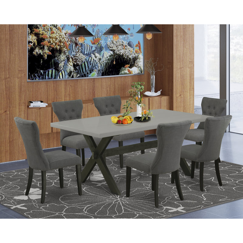 7 Piece Dining Room Furniture Set Consist of a Rectangle Dining Table with X-Legs and 6 Dark Gotham Linen Fabric Parson Chairs, Wire brushed Black