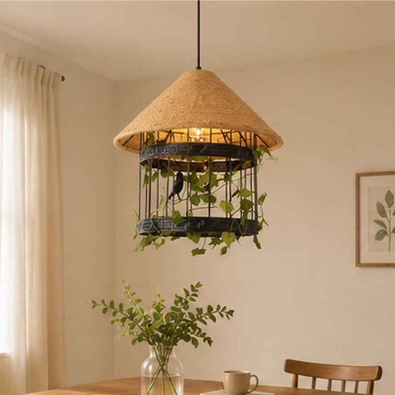 Luminaire suspendu rustique à cage simple en métal, lumières de corde de chanvre en métal industriel pour îlot de cuisine, bar et café,