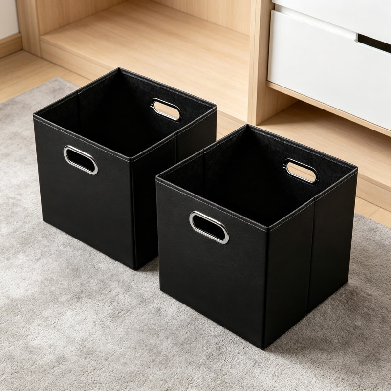 Leather Foldable Cube Storage Bins, 13X13x13 Inch Fabric Storage Baskets With Cotton Handles, Collapsible Organizer For Shelves, Nursery, Closet, Bedroom, Black (2-Pack)