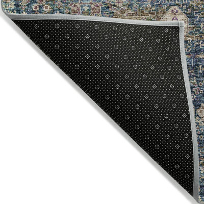 10' X 14' Green Navy Blue And Ivory Oriental Washable Indoor Outdoor Area Rug