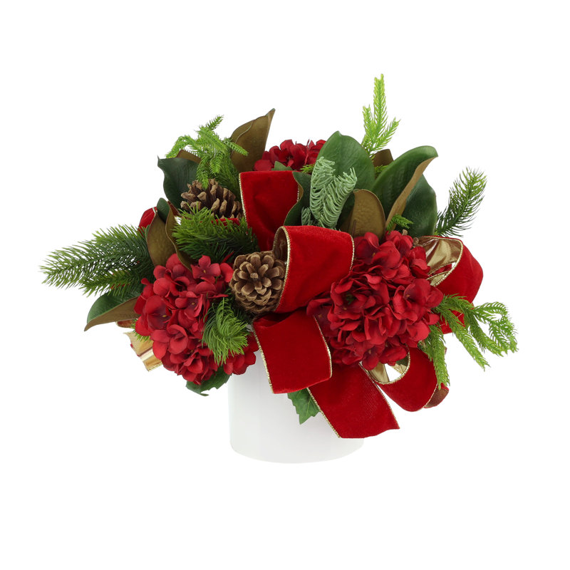 Holiday Arrangement with Hydrangeas, Pinecones and Bows, Red