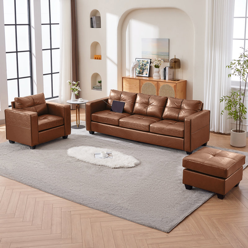 3-Piece Faux Leather Living Room Set, Brown