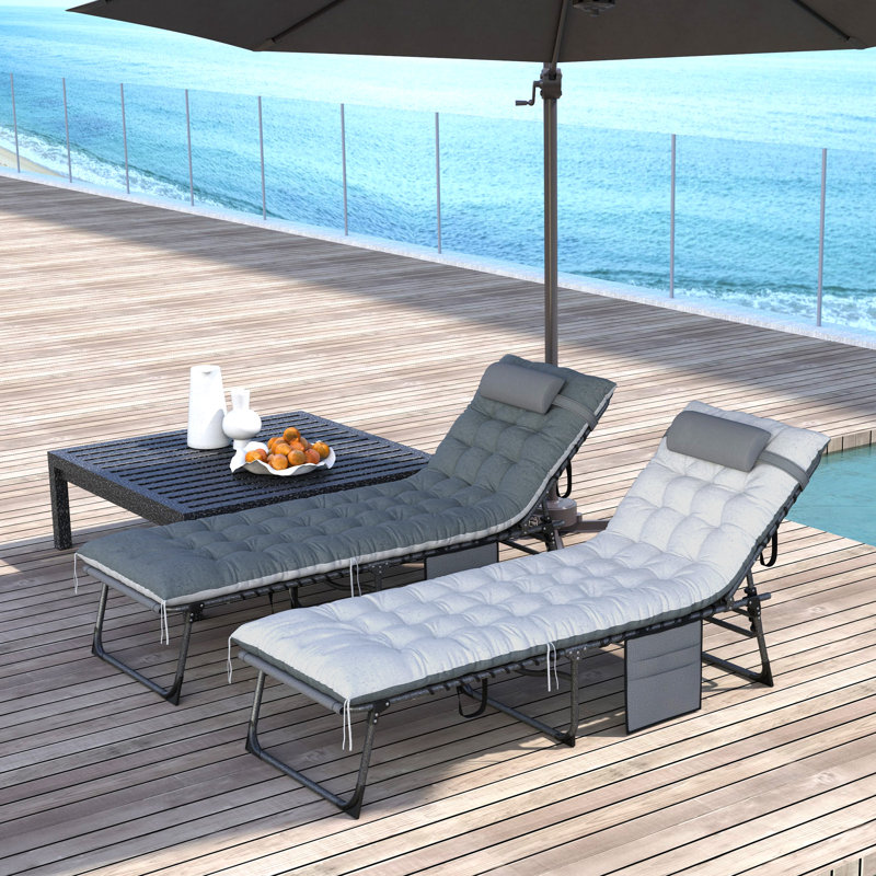 Folding Outdoor Lounge Chair Set of 2, Side Pocket, Grey, Gray