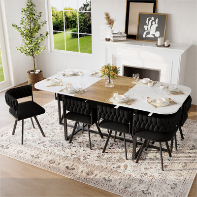 Ensemble de salle à manger pour 8 personnes avec plateau de table en grain de bois imitation marbre blanc et 8 chaises en velours noir, table de cuisine moderne pour les réunions de famille