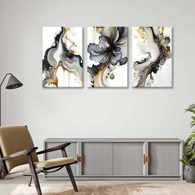 3 Piece Framed Wall Art Abstract Wall Decor Black Gold And Pictures Marble Fluid Ink Wash Canvas Art Modern Minimalism Paintings Artwork For Living Room Bedroom Office 16X24in