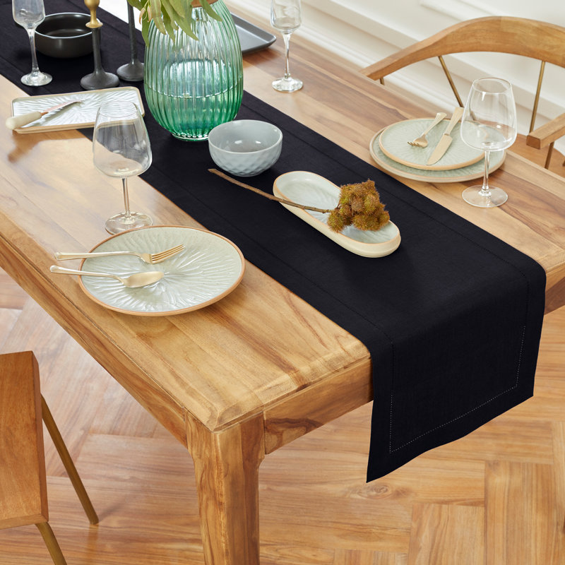Medium Weight Hemstitch - 100% Pure Linen Table Runner, Black, 36" x 14"