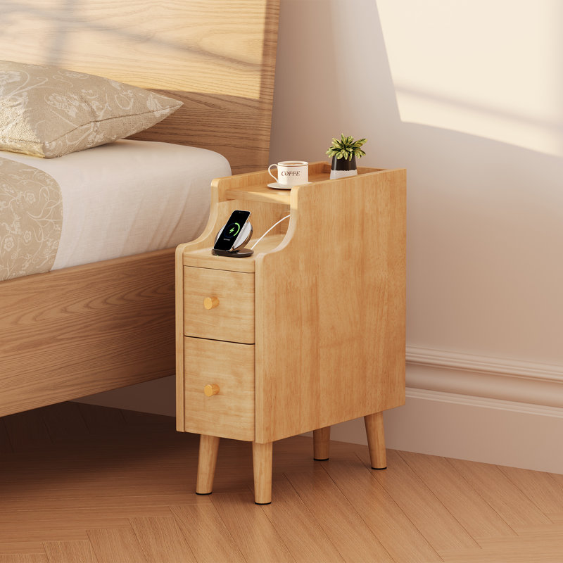 Table de chevet étroite avec tiroirs, table d'appoint en bois massif de 7,9 po pour petits espaces, petite table de chevet pour chambre à coucher avec plateau coulissant, naturel