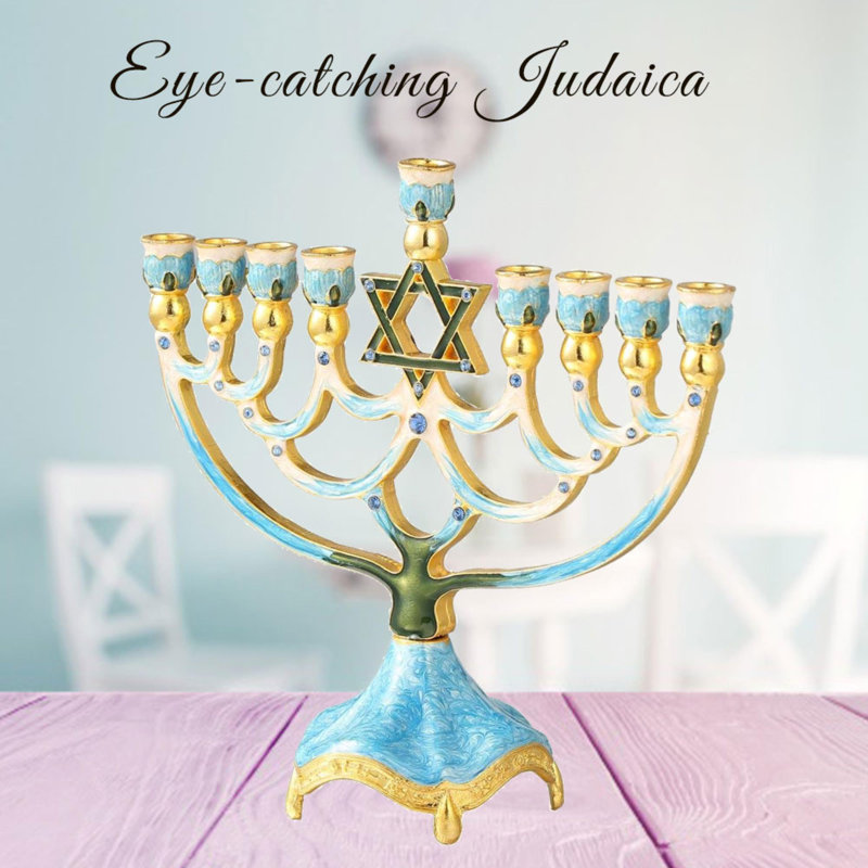 Élégant ensemble Judaica - candélabre en émail peint à la main avec étoile de David