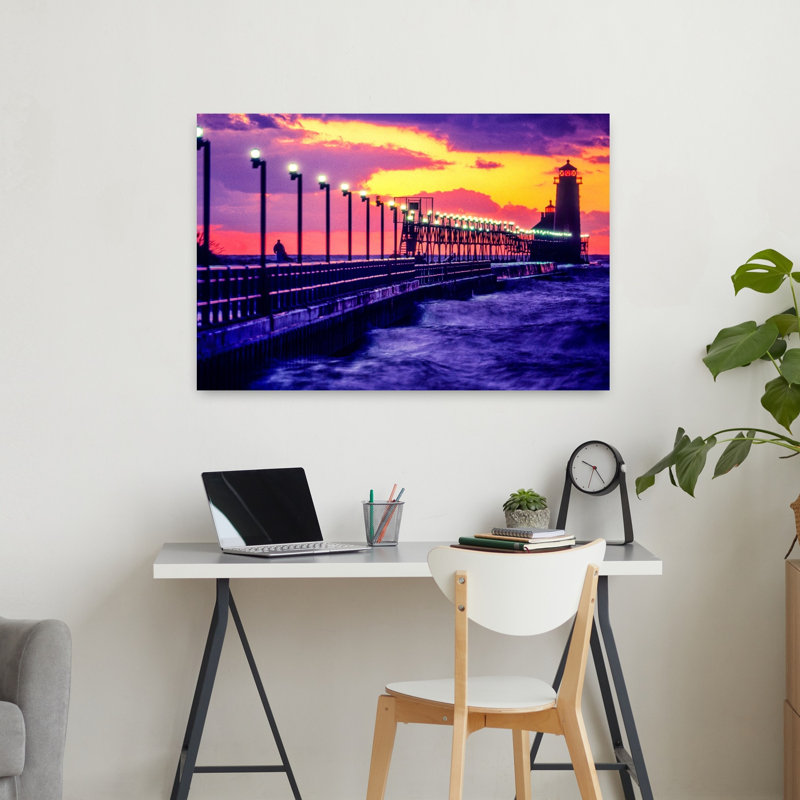 Lighthouse at sunset in Grand Haven Michigan USA 1 Piece Wrapped Canvas Wall Art, 60.96cm H x 91.44cm W