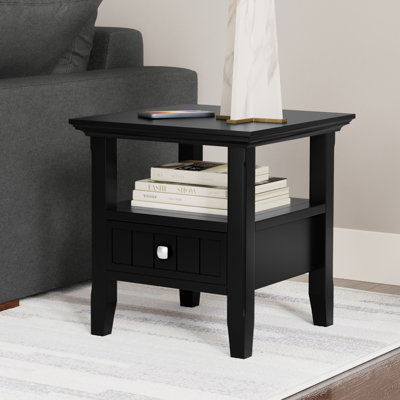 Acadian Solid Wood Transitional Narrow Side Table with Drawer and Open Shelf