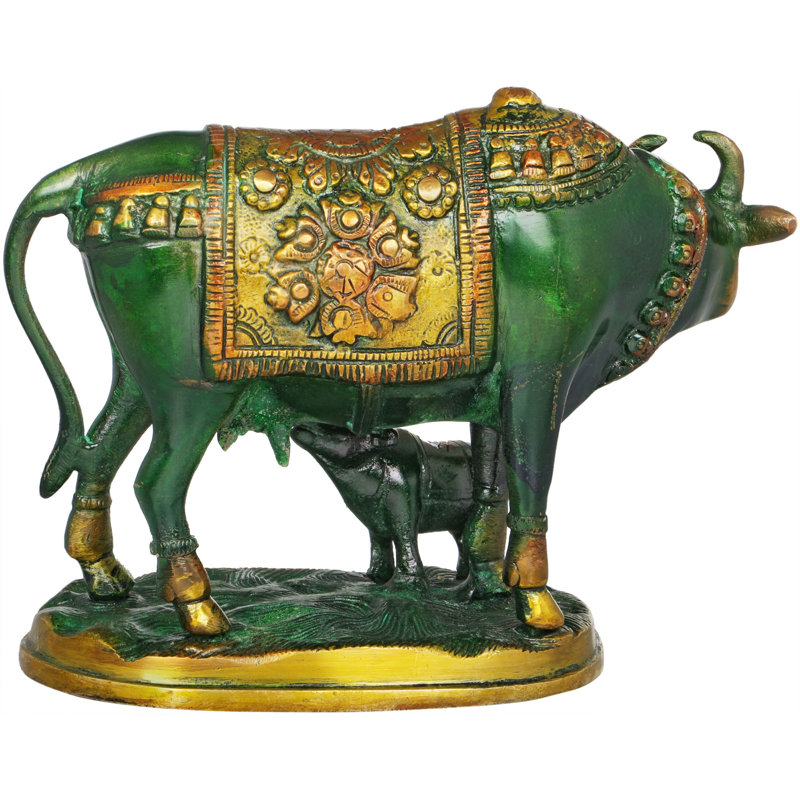 Figurine vache et veau, Vert / or