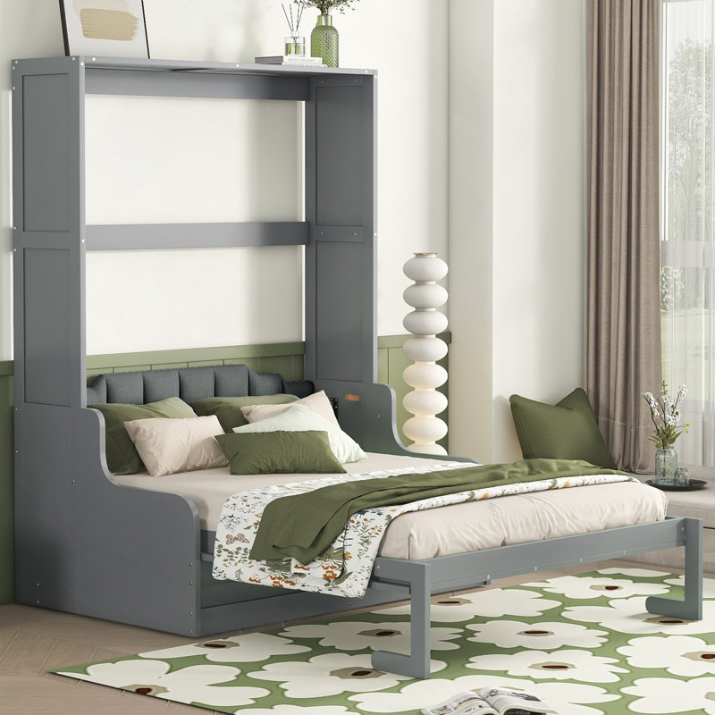 Grand lit escamotable mural avec coussin, gris, Gris