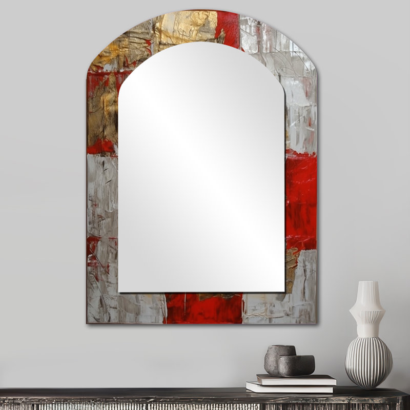 Cardinal Sin Retro Delight Abstract Red & Gold I - Abstract Painting Asymmetrical Unique Mirror, Gold Arch Large Wall Mirror, Printed Metal Art