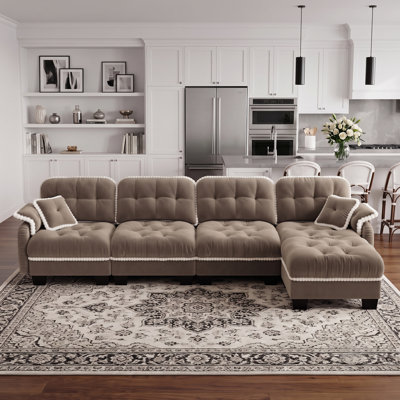 Eyisean 131.5" Chenille Modern 4 Seater Sofa, Modular Sectional Cloud Couch with Armrest Pillow & Back Cushion, Tufted Design & Pom-Pom Trim Quilted, Deep Seat Couches for Living Room, Bedroom, Small Spaces