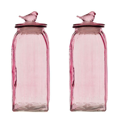 10 Strawberry Street Textured Glass Bird Canister, Medium Ribbed Square, Pink