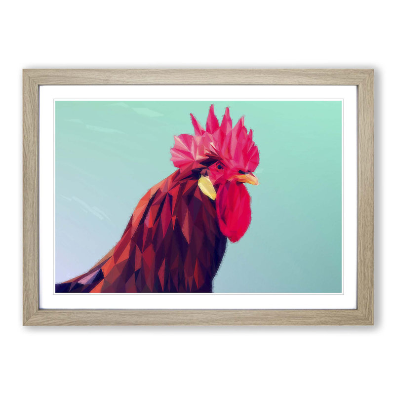 Geometric Rooster in Abstract - Picture Frame Graphic Art Print, Oak Framed, 62cm H x 87cm W x 2cm D