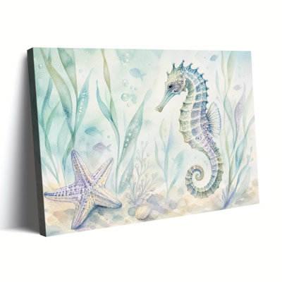 Seahorse Starfish Underwater Seaweed Watercolor Canvas Art, Wrapped Canvas, Ready to Hang