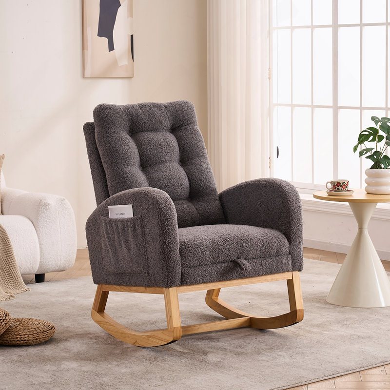 Chaise berçante d'appoint gris foncé avec repose-pieds et pieds en bois d'hévéa à dossier haut, Gris foncé