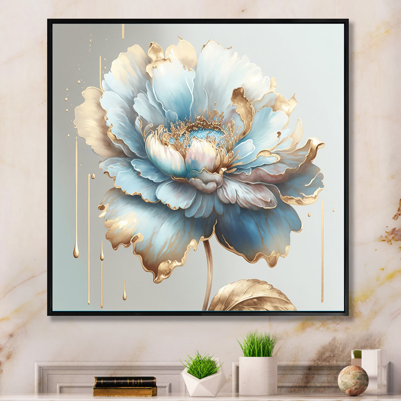 «Chic Blue Blooming Flower I», impressions sur toile et fleurs, L 16 po x H 16 po, Cadre flottant noir