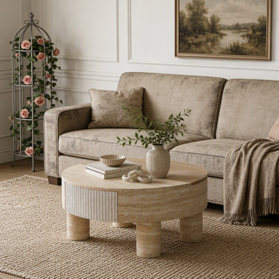 Table basse ronde avec plateau rabattable et compartiment de rangement caché