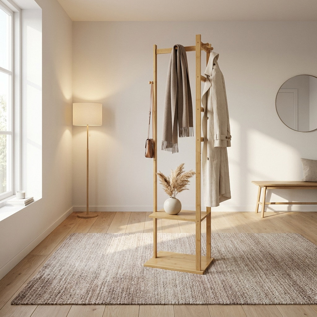 Dulles Bamboo Wooden Coat Rack Freestanding Coat Stand Hanger Hat Shoe Organiser Entryway Hallway Furniture