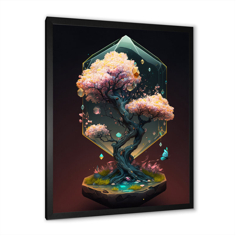 " Hexagon Bonsai Tree I ", Black Picture Framed Canvas, 12" W x 20" H